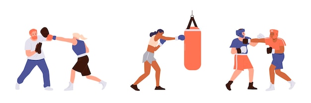 Eine Gruppe von Menschen boxt Boxkampf-Sparringspartner und schlägt Boxbögen in die Hände des Trainers