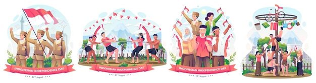 Eine Gruppe von Menschen feiert den Unabhängigkeitstag Indonesiens am 17. August Illustration