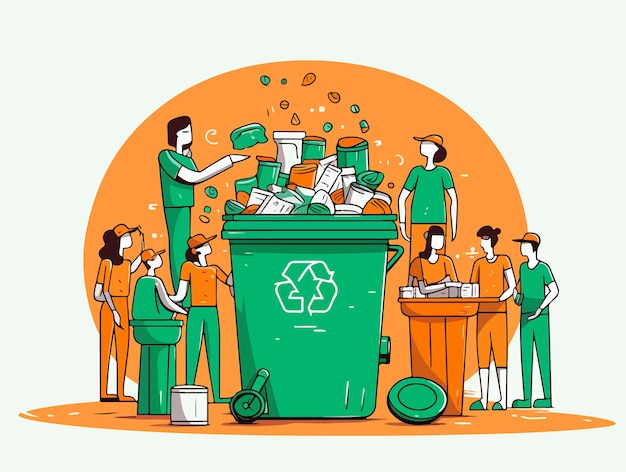 Eine Gruppe von Menschen in einer runden grünen Tonne und andere in einer orangefarbenen Recyclingtonne
