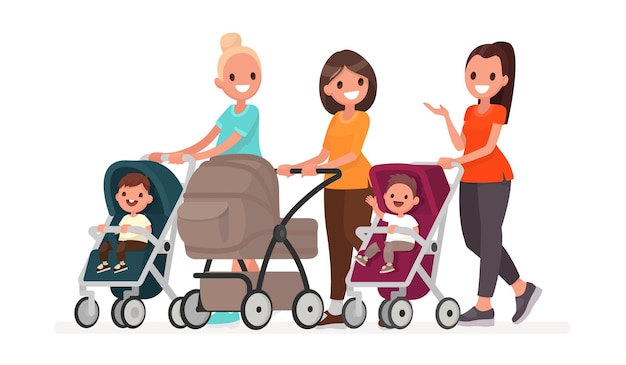 Vektor eine gruppe von müttern kommuniziert und reitet kleinkinder in kinderwagen. spaziergang von jungen müttern mit kindern. im flachen stil