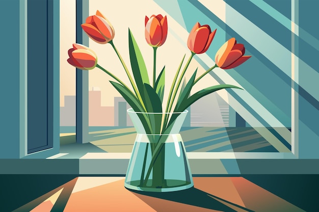 Vektor eine gruppe von tulpen, die hoch in einer kristallklaren vase auf einem sonnigen fensterbrett stehen