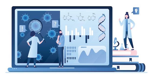 Eine Gruppe von Wissenschaftlern untersucht das Virus-Molekül. Medizinisches Labor hat ein Heilmittel für ein neues Virus erfunden.