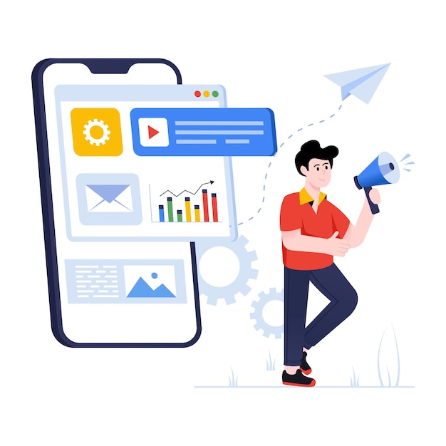 Eine gut gestaltete Illustration des digitalen Marketings im flachen Stil