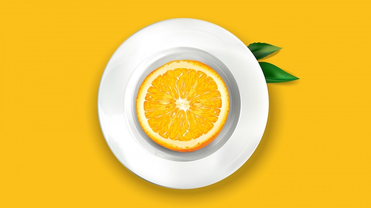 Vektor eine halbe orange auf einem weißen teller.