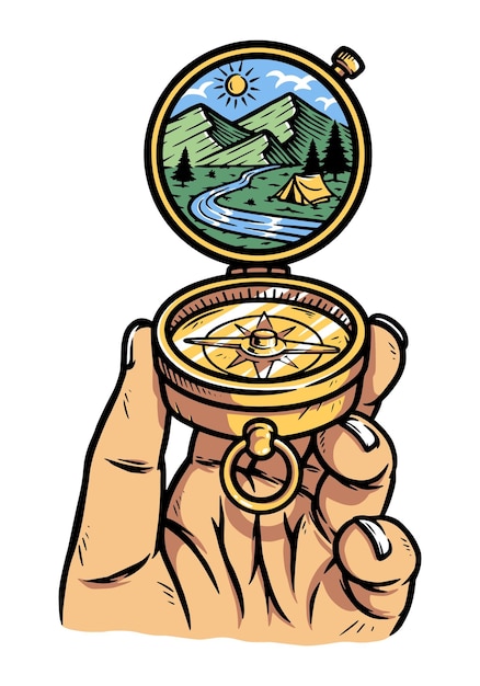 Eine hand, die einen kompass mit einem bild eines berges und eines zeltes darauf hält