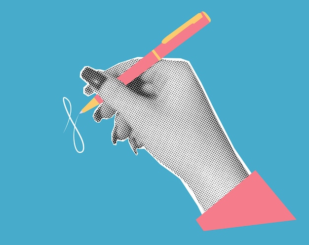 Eine Hand hält einen Stift und schreibt eine trendige Halbton-Vektorcollage