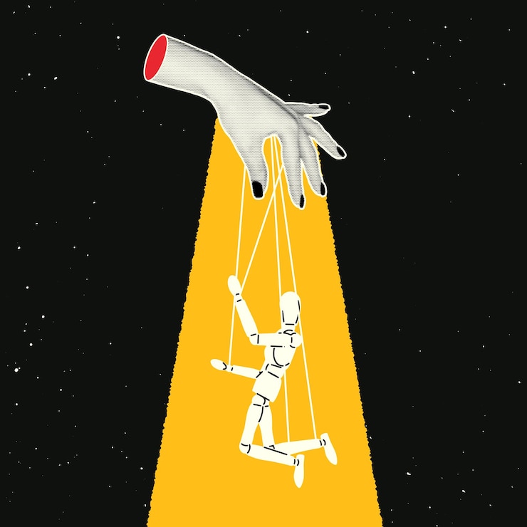 Vektor eine hand mit halbtoneffekt steuert die puppe im retro-collage-stil