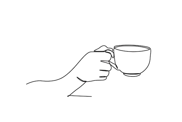 Eine Hand streckt eine Tasse Kaffee aus. Internationaler Kaffeetag, Oneline-Zeichnung