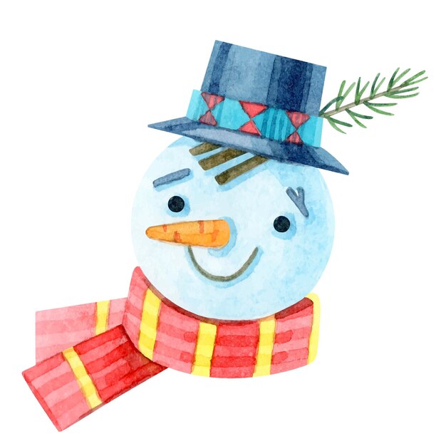 Vektor eine handgezeichnete aquarell-illustration eines schneemanns isoliert auf weißem hintergrund der lächelnde schneemann ist mit einem hut und einem roten schal geschmückt. für design-winterferien neues jahr frohe weihnachten