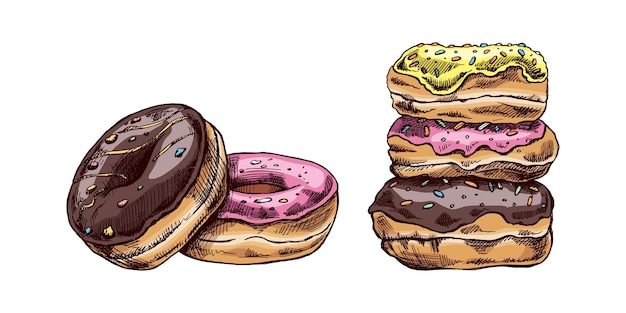 Eine handgezeichnete farbige Skizze von Donuts Vintage-Illustration Gebäck Süßigkeiten Dessert.