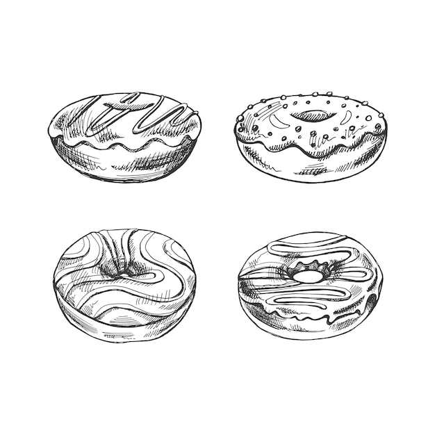 Eine handgezeichnete Skizze einer Reihe von Donuts, Ansicht von oben, Vintage-Illustration, Gebäck, Süßigkeiten, Dessert, Element für die Gestaltung von Etiketten, Verpackungen und Postkarten