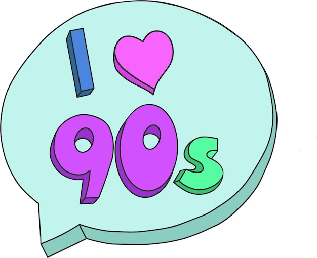 Eine handgezeichnete sprechblase mit der aufschrift „i love the 90s“ ist ein element einer reihe von kritzeleien