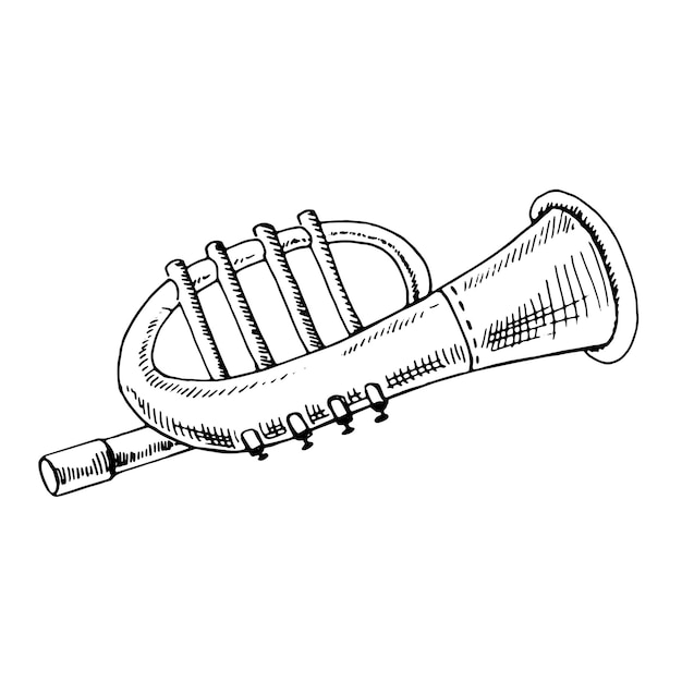 Eine handgezeichnete Tintenskizze einer alten musikalischen Trompete in Vektorillustration