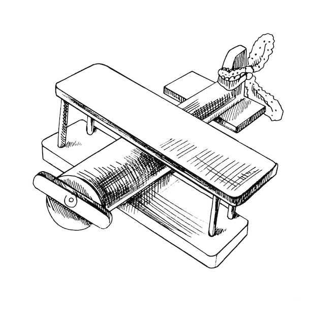 Eine handgezeichnete Tintenskizze eines Vintage-Holzflugzeugs. Vintage-Vektorillustration