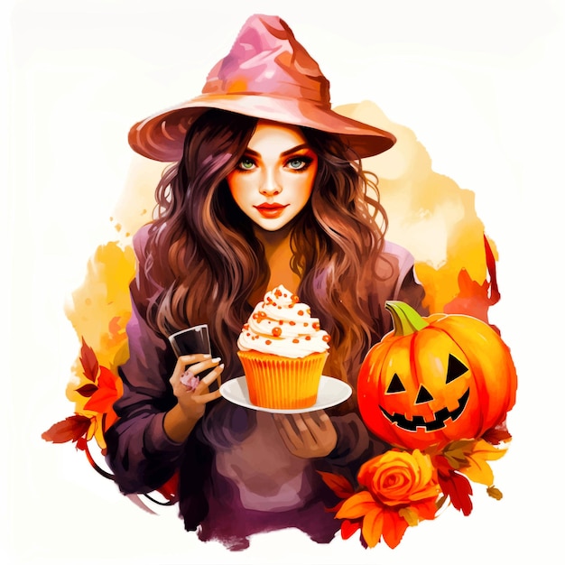 Eine Hexe genießt an Halloween eine Kürbisteeparty