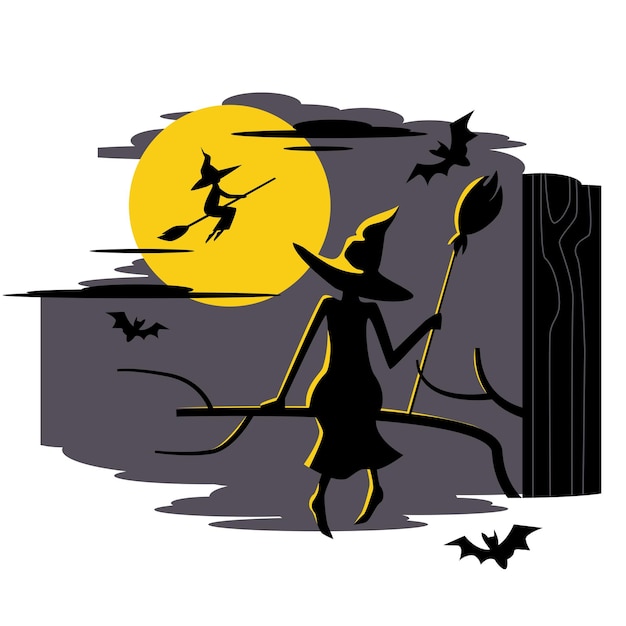 Eine hexe in hut mit einem besen sitzt auf dem ast des baumes mond-silhouette und fliegende hexe happy halloween-karte