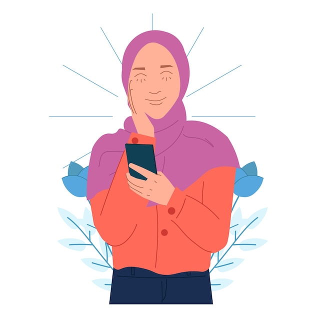 Eine hijab-frau sieht in einer flachen illustration glücklich mit geschmeicheltem gesichtsausdruck aus