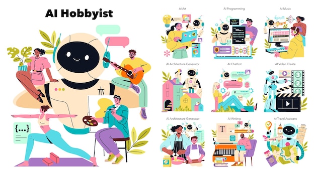 Eine Hobby-Illustration eine vielfältige Gruppe von Einzelpersonen, die sich mit kreativen Aktivitäten beschäftigen, die von