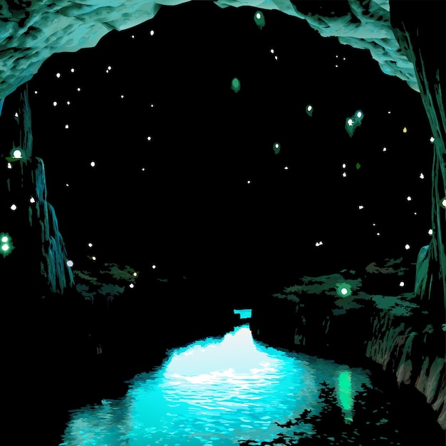 Vektor eine höhle mit blauem wasser und sternen am himmel