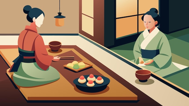 Vektor eine illustration einer japanischen teezeremonie mit einem teller mit köstlichen wagashi-süßigkeiten