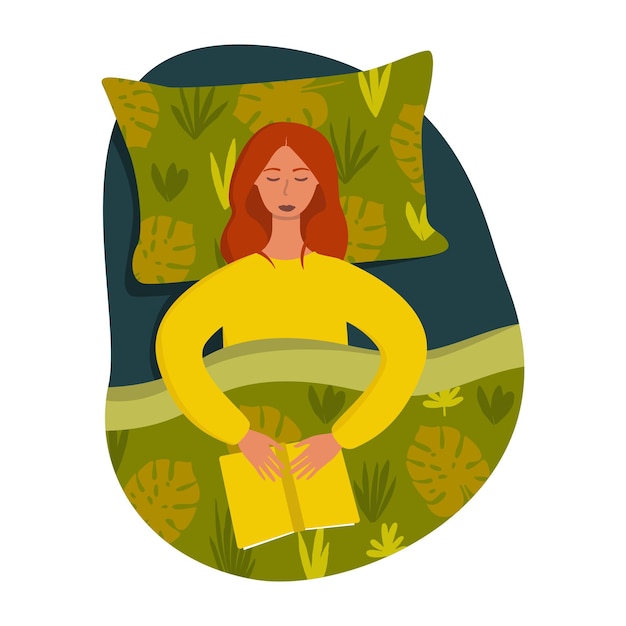 Eine Illustration einer schlafenden Frau mit einem Buch im Bett. Ruhe zu Hause, Lesen vor dem Schlafengehen.