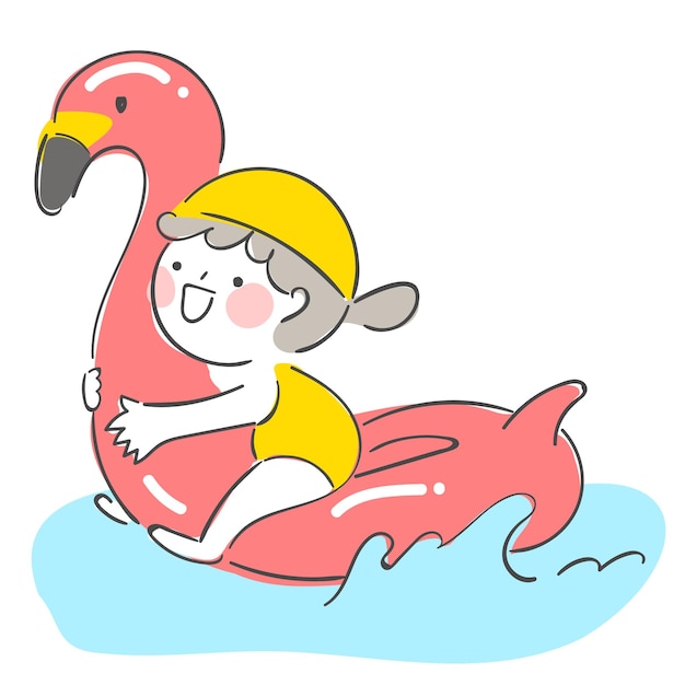 Eine illustration eines kindes auf einer flamingoröhre