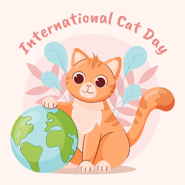 Eine Illustration mit einer niedlichen roten Katze und einem Globus