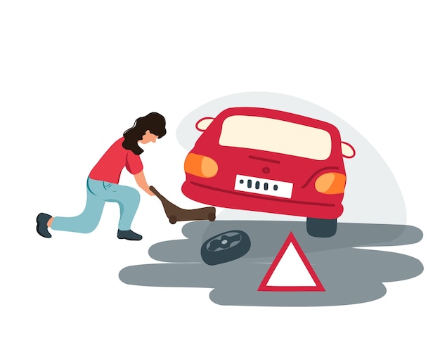 Eine junge Frau oder ein junges Mädchen hebt ein Auto an, um einen platten Reifen auf der Straße zu wechseln.