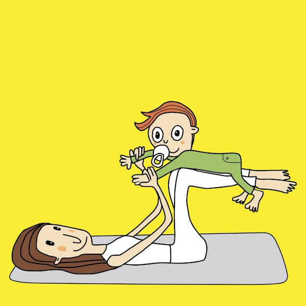 Eine karikatur einer frau mit einem baby, die eine yoga-pose macht