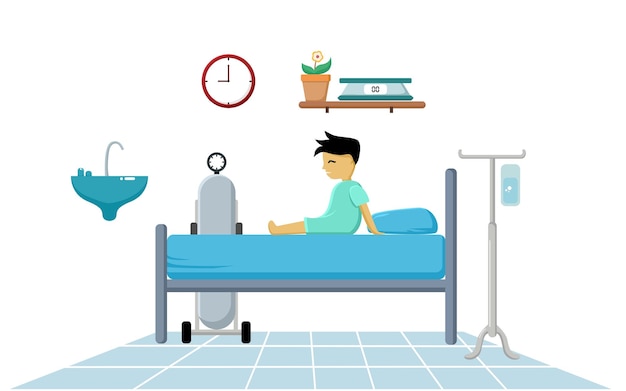 Vektor eine karikatur einer person in einem krankenzimmer mit einer uhr und einem staubsauger.