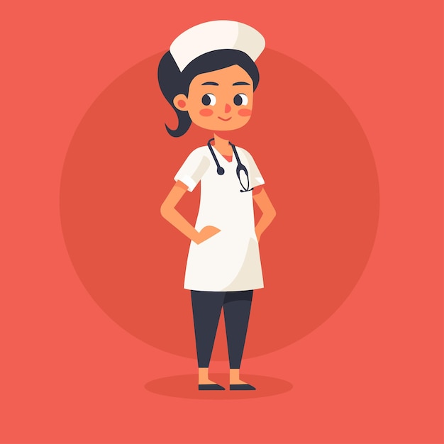 eine Karikatur einer weiblichen Krankenschwester mit einer weißen Uniform und einem roten Hintergrund