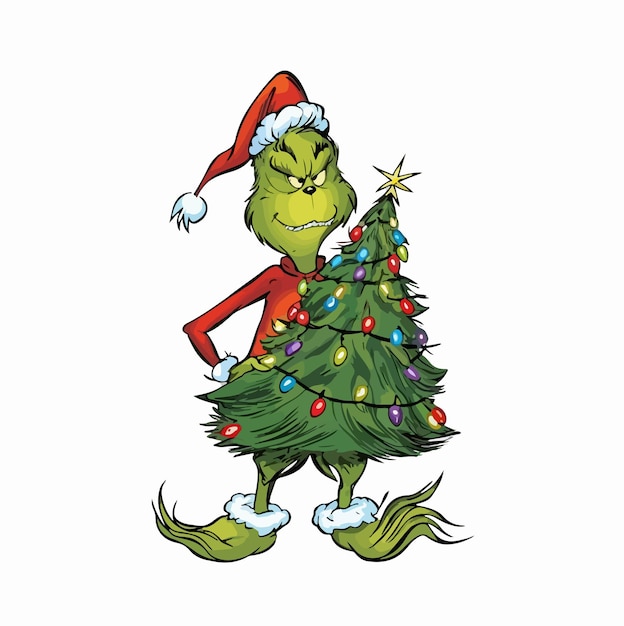 Eine Karikatur eines Grinchs, der einen Weihnachtsbaum trägt, wurde generiert