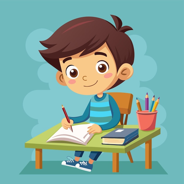 eine Karikatur eines Jungen mit einem Buch und Bleistiften