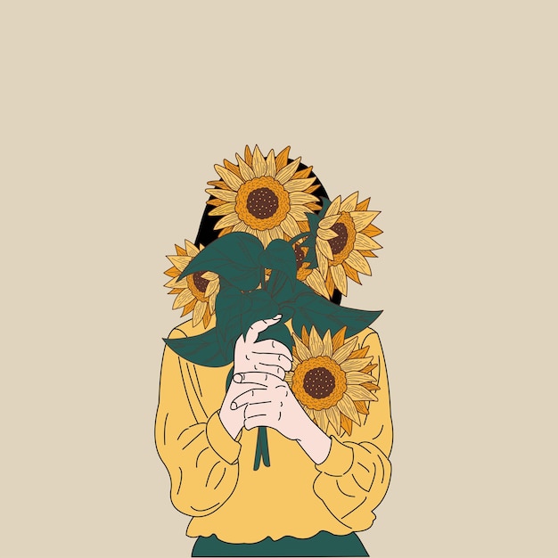 eine Karikatur eines Mannes mit Sonnenblumen auf dem Kopf