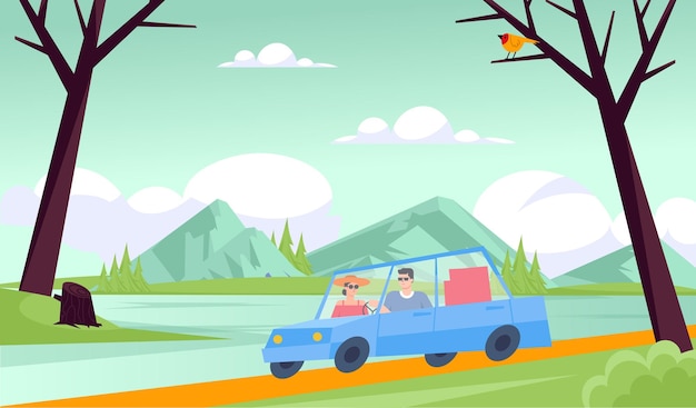 Eine karikatur eines mannes und einer frau, die ein auto fahren, mit einem vogel oben auf dem bild.
