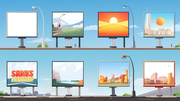 Vektor eine karikatur von drei monitoren mit einem sonnenuntergang-himmel im hintergrund