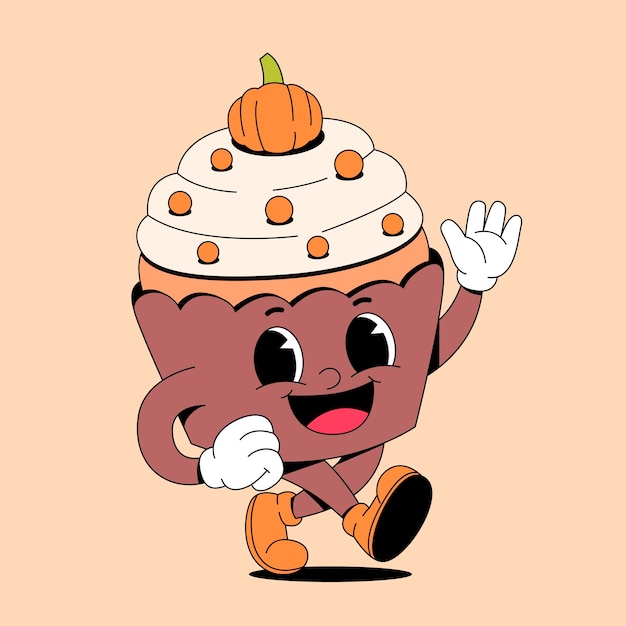 Eine Karikatur von einem Kürbis-Cupcake mit einem gesicht, das glücklich winkt