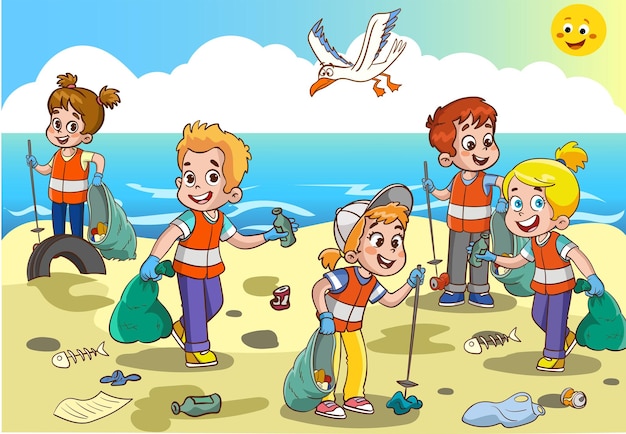 Eine karikatur von kindern, die den strand mit müll und müll reinigen.