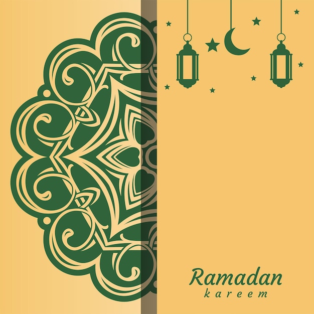 Eine karte für ramadan kareem mit grünem hintergrund und halbmond und sternen.