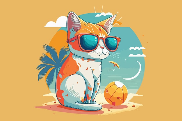 Eine Katze am Strand mit Sonnenbrille und gelbem Ball