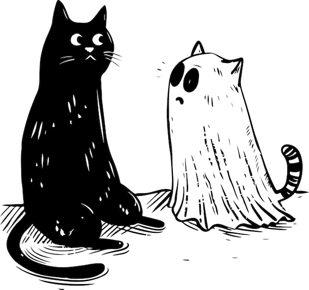 Vektor eine katze, die als geist gekleidet ist, erschreckt eine andere katze mit einer schwarzen zeichnung.