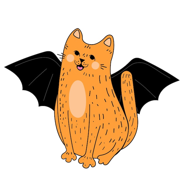 Eine Katze in einem Dracula-Kostüm. Halloween. Rote Katze zu den Flügeln. Herbst. Flache Abbildung. Vektor.