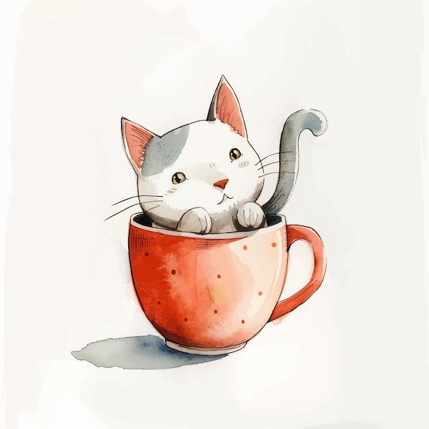 Vektor eine katze in einem kaffeekopf mit aquarell-zeichnung