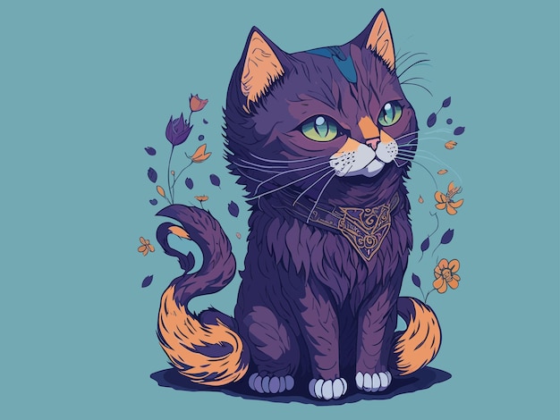 Eine Katze mit lila Kopf und grünen Augen sitzt auf einem blauen Hintergrund mit Blumen