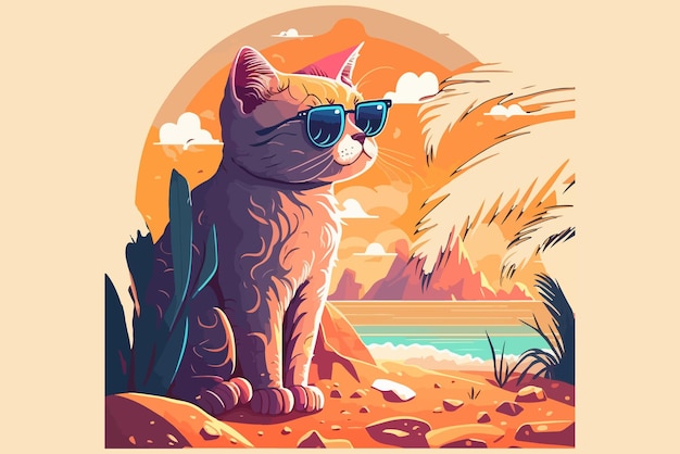 Eine Katze mit Sonnenbrille und einer Palme im Hintergrund