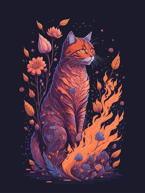 Eine Katze sitzt auf einem Feuer mit Blumen auf dem Boden.