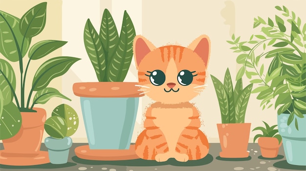 Vektor eine katze sitzt vor einer topfpflanze und einem topf mit einer pflanze darin