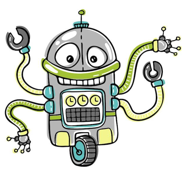 Eine kindliche Illustration eines lustigen Roboters auf einem Rad in einem handgezeichneten Cartoon-Stil.