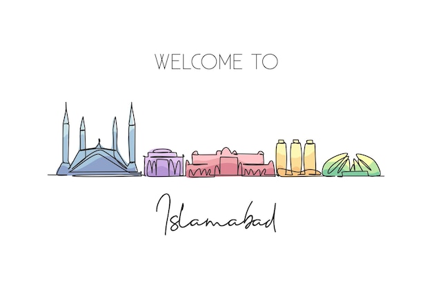 Eine kontinuierliche linienzeichnung der skyline von islamabad pakistan landmark world landscape design vektor