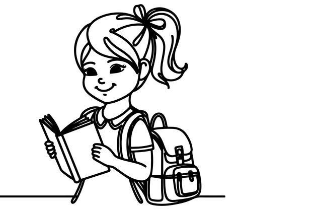 Vektor eine kontinuierliche schwarze linie zeichnet ein junges schulmädchen mit einem rucksack und einem buch zurück zur schule